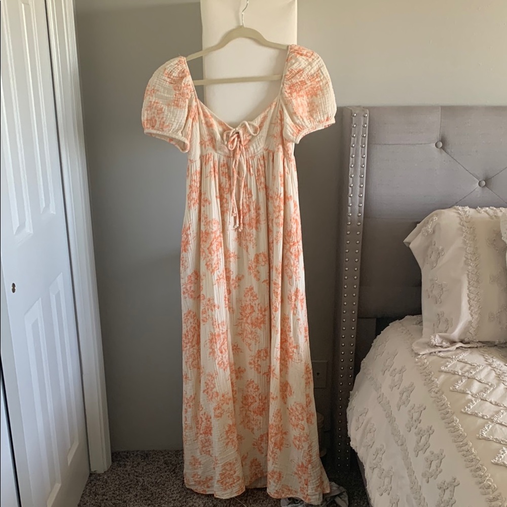Floral Puff Sleeve Maxi Dress in Cream and Orange